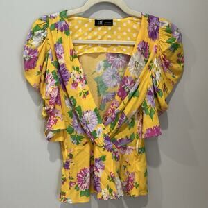 ZARA TRF Yellow Pink Purple Floral Short Puff-Sleeve Faux Wrap Blouse Womens XS